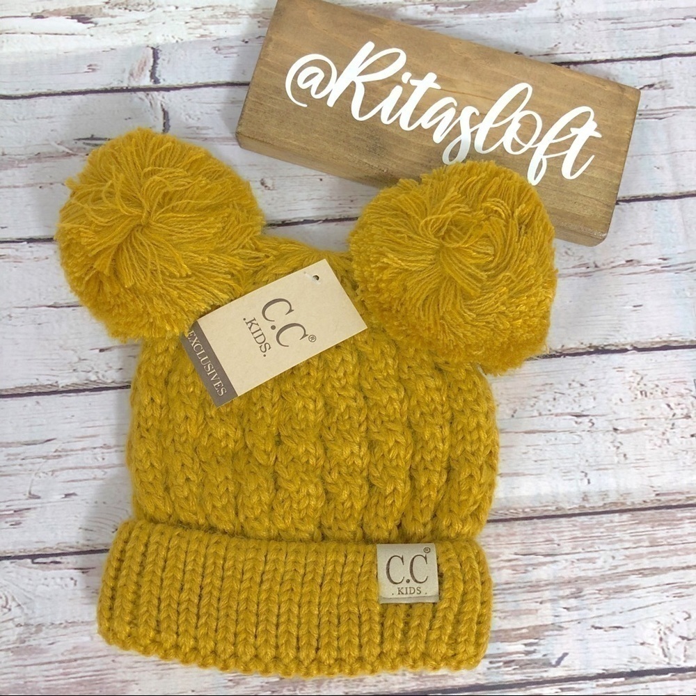 CC Beanie Kids Chunky Cable Knit Hat Double Pom